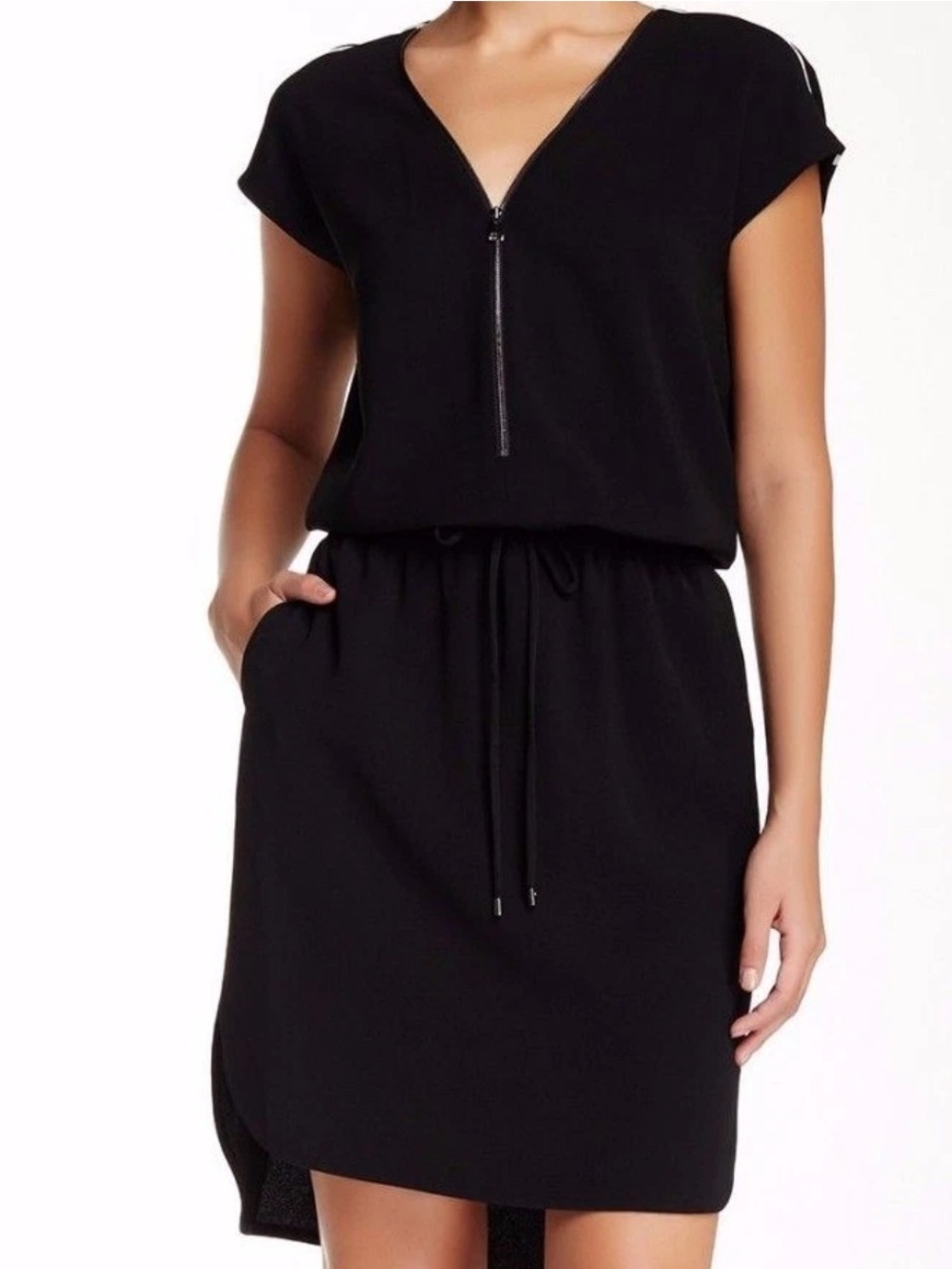 Vince Black Zip Front Drawstring Waist Sporty Dress White Stripe Shoulder XS